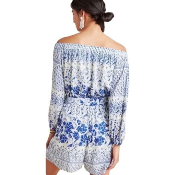 Anthropologie Romper Clemente Belted Off Shoulder Blue Flower Print NWT - Picture 2 of 11